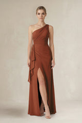 Terracotta One-Shoulder Sheath Ruched Ruffled Bridesmaid Dress in Terracotta | KISSBRIDAL