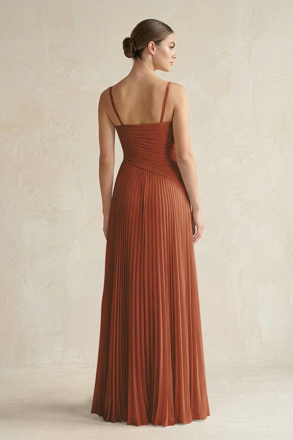 Terracotta Pleated A-Line Long Chiffon Bridesmaid Dress (2) | KISSBRIDAL