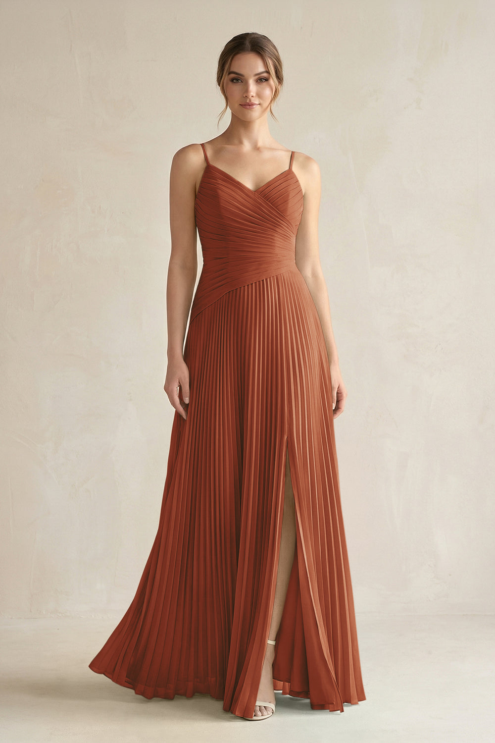 Pleated A-Line Long Chiffon Bridesmaid Dress in Terracotta