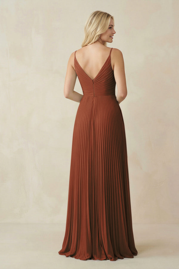 Terracotta Pleated V-Neck A-Line Chiffon Bridesmaid Dress (2) | KISSBRIDAL