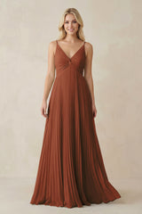 Terracotta Pleated V-Neck A-Line Chiffon Bridesmaid Dress | KISSBRIDAL