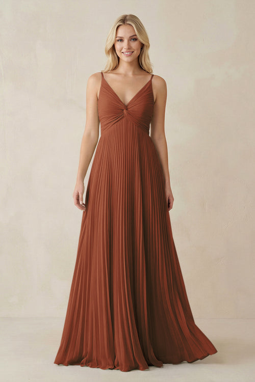 Terracotta Pleated V-Neck A-Line Chiffon Bridesmaid Dress | KISSBRIDAL