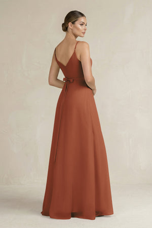 Terracotta Ruched A-Line Chiffon Bridesmaid Dress with Slit (2) | KISSBRIDAL