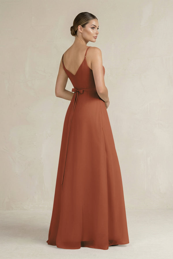 Terracotta Ruched A-Line Chiffon Bridesmaid Dress with Slit (2) | KISSBRIDAL