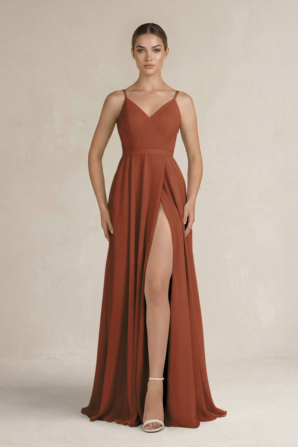 Ruched A-Line Chiffon Bridesmaid Dress with Slit in Terracotta