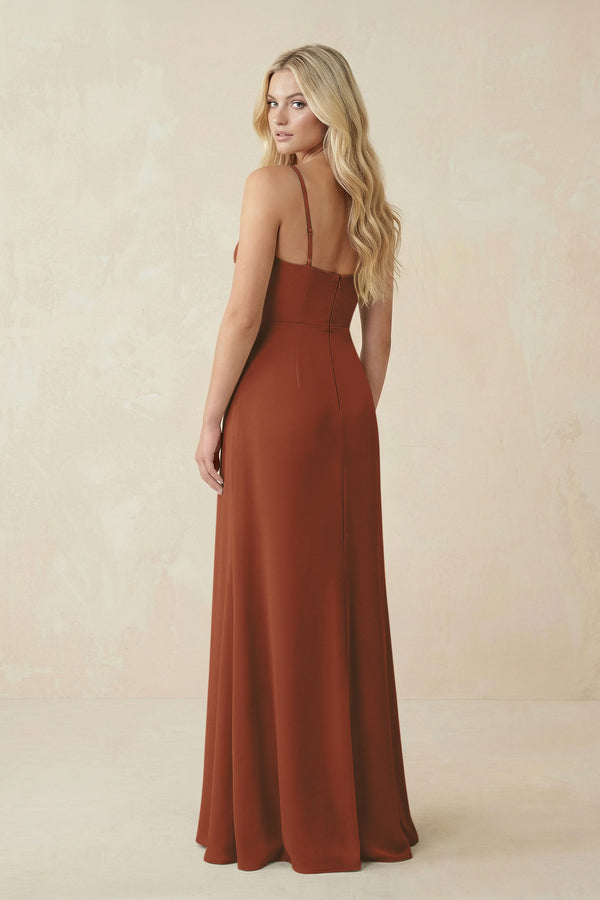 Terracotta Ruched Sheath Spaghetti Strap Chiffon Bridesmaid Dress (2) | KISSBRIDAL