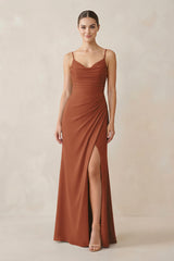 Terracotta Ruched Sheath Spaghetti Strap Chiffon Bridesmaid Dress | KISSBRIDAL