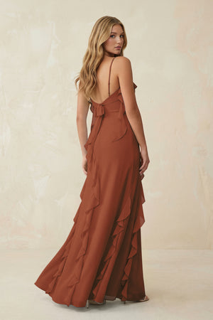 Terracotta Ruffled Cami Strap Chiffon Sheath Bridesmaid Dress (2) | KISSBRIDAL