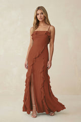 Terracotta Ruffled Cami Strap Chiffon Sheath Bridesmaid Dress | KISSBRIDAL