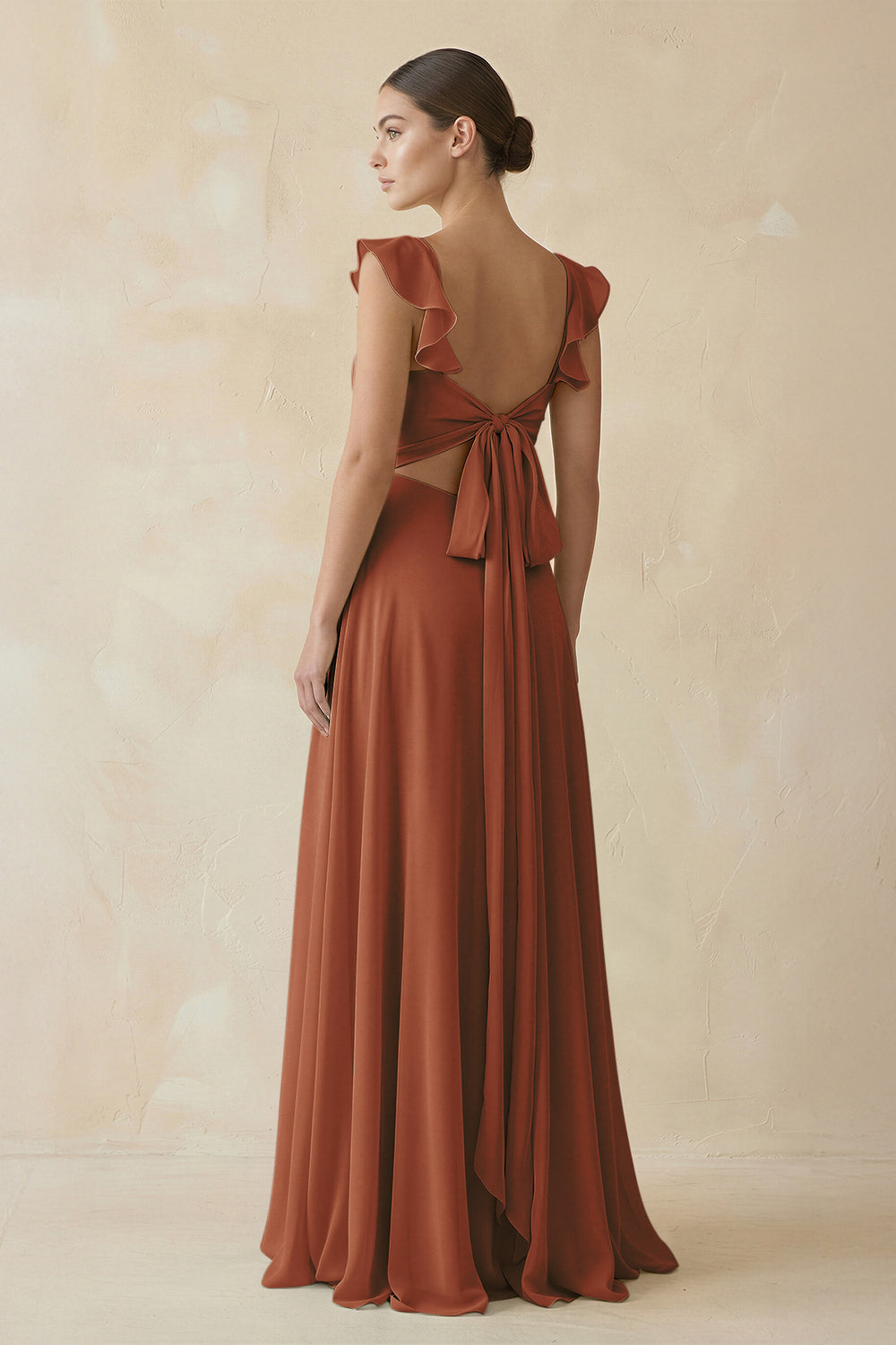 Ruffled Chiffon A-Line Long Bridesmaid Dress in Terracotta