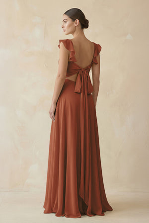 Terracotta Ruffled Chiffon A-Line Long Bridesmaid Dress (2) | KISSBRIDAL