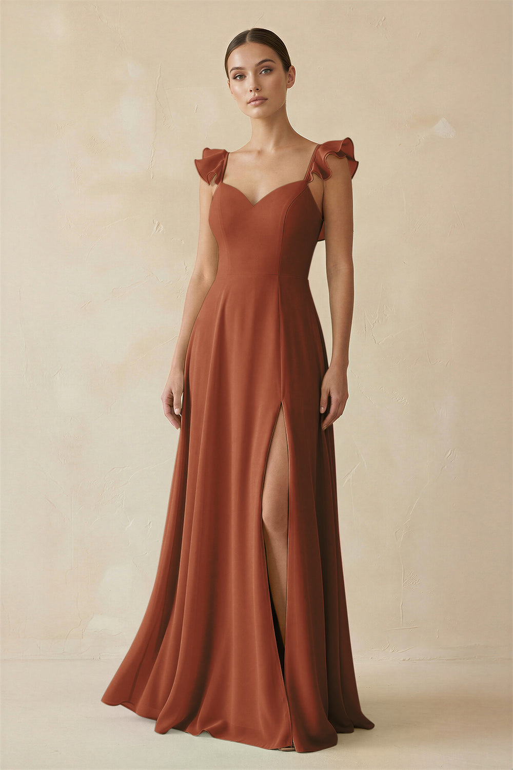 Ruffled Chiffon A-Line Long Bridesmaid Dress in Terracotta