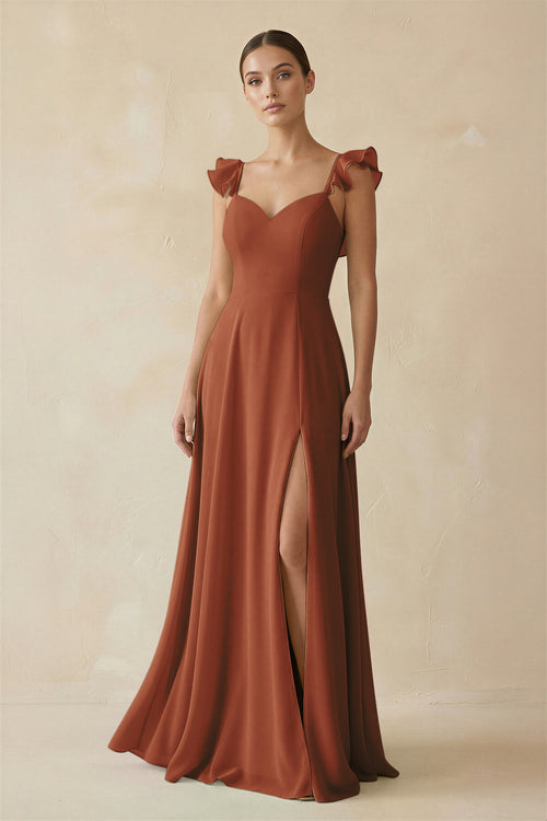 Terracotta Ruffled Chiffon A-Line Long Bridesmaid Dress | KISSBRIDAL
