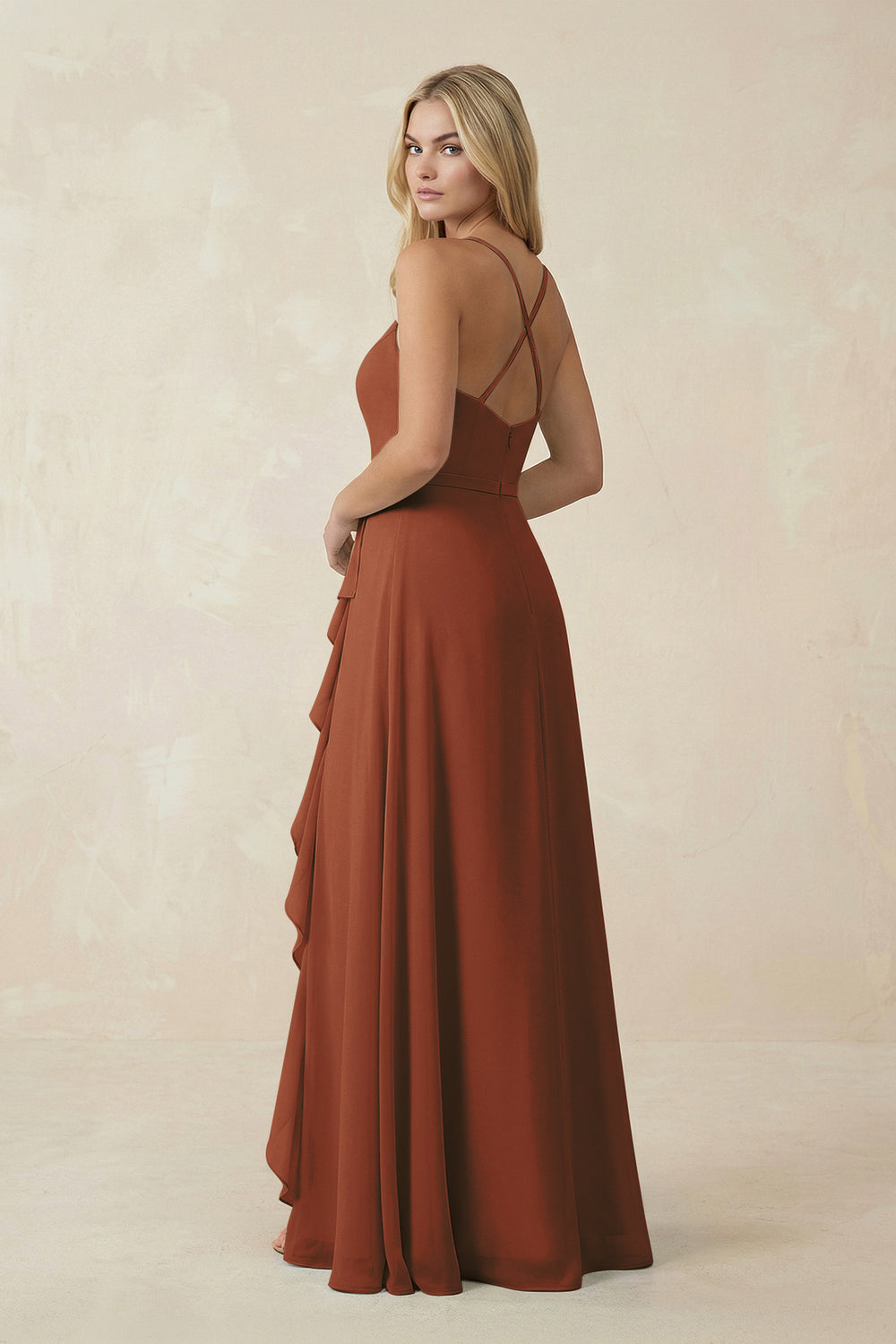 Ruffled Hem A-Line Chiffon Bridesmaid Dress in Terracotta