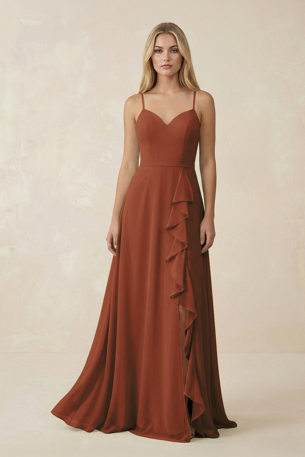 Ruffled Hem A-Line Chiffon Bridesmaid Dress in Terracotta