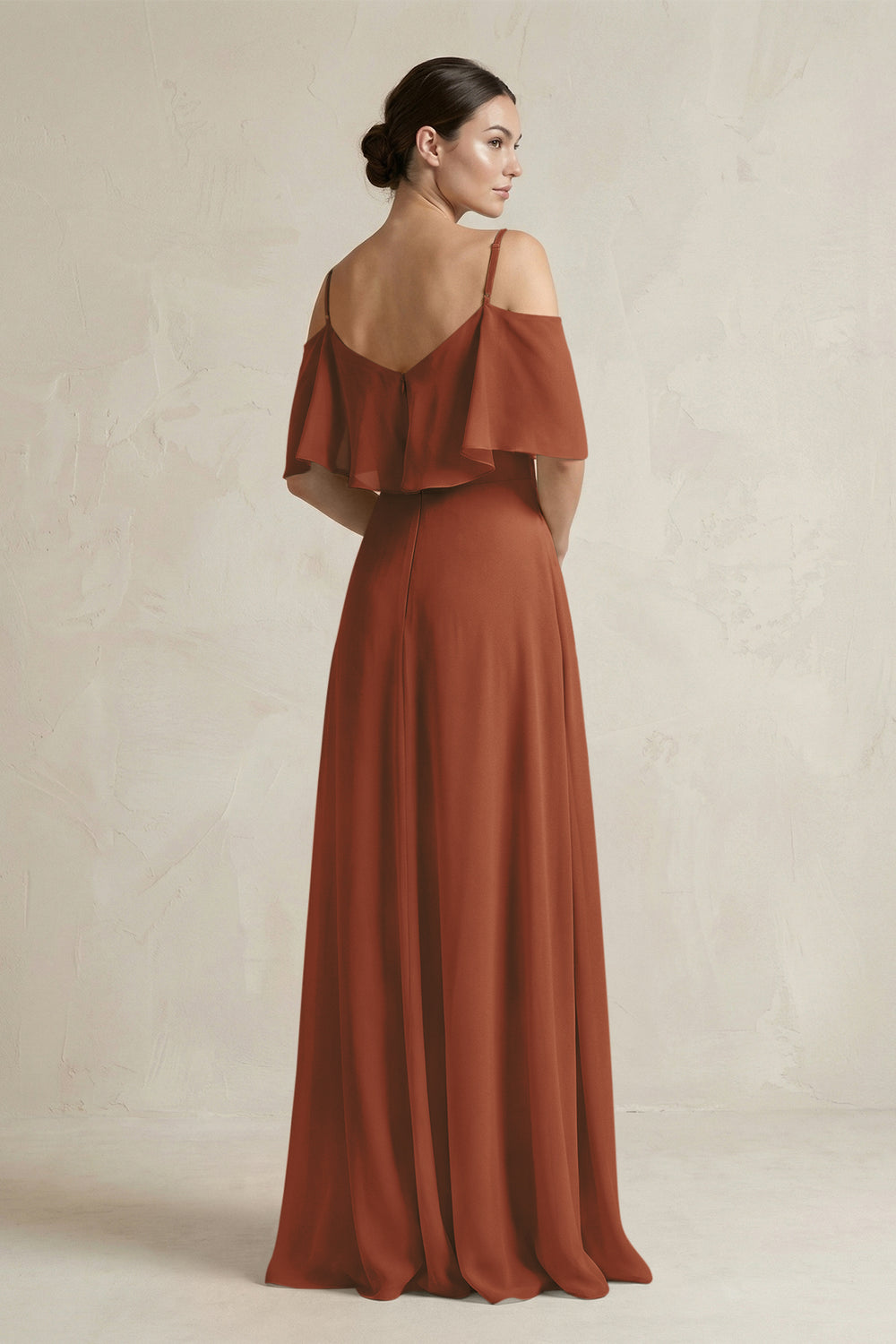 Ruffled Off-the-Shoulder A-Line Chiffon Bridesmaid Gown in Terracotta