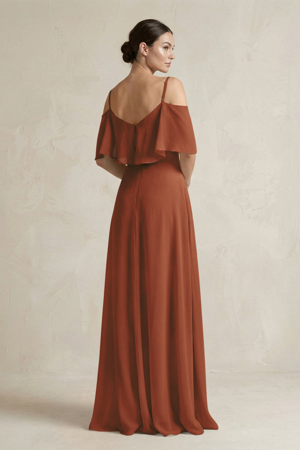 Terracotta Ruffled Off-the-Shoulder A-Line Chiffon Bridesmaid Gown (2) | KISSBRIDAL