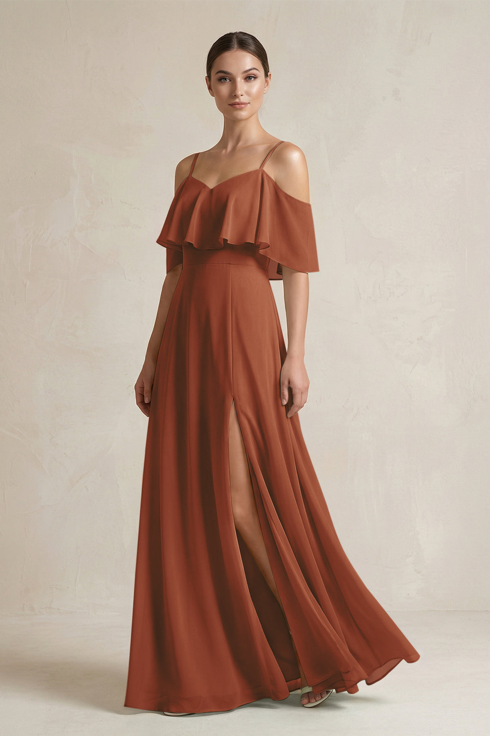 Ruffled Off-the-Shoulder A-Line Chiffon Bridesmaid Gown in Terracotta