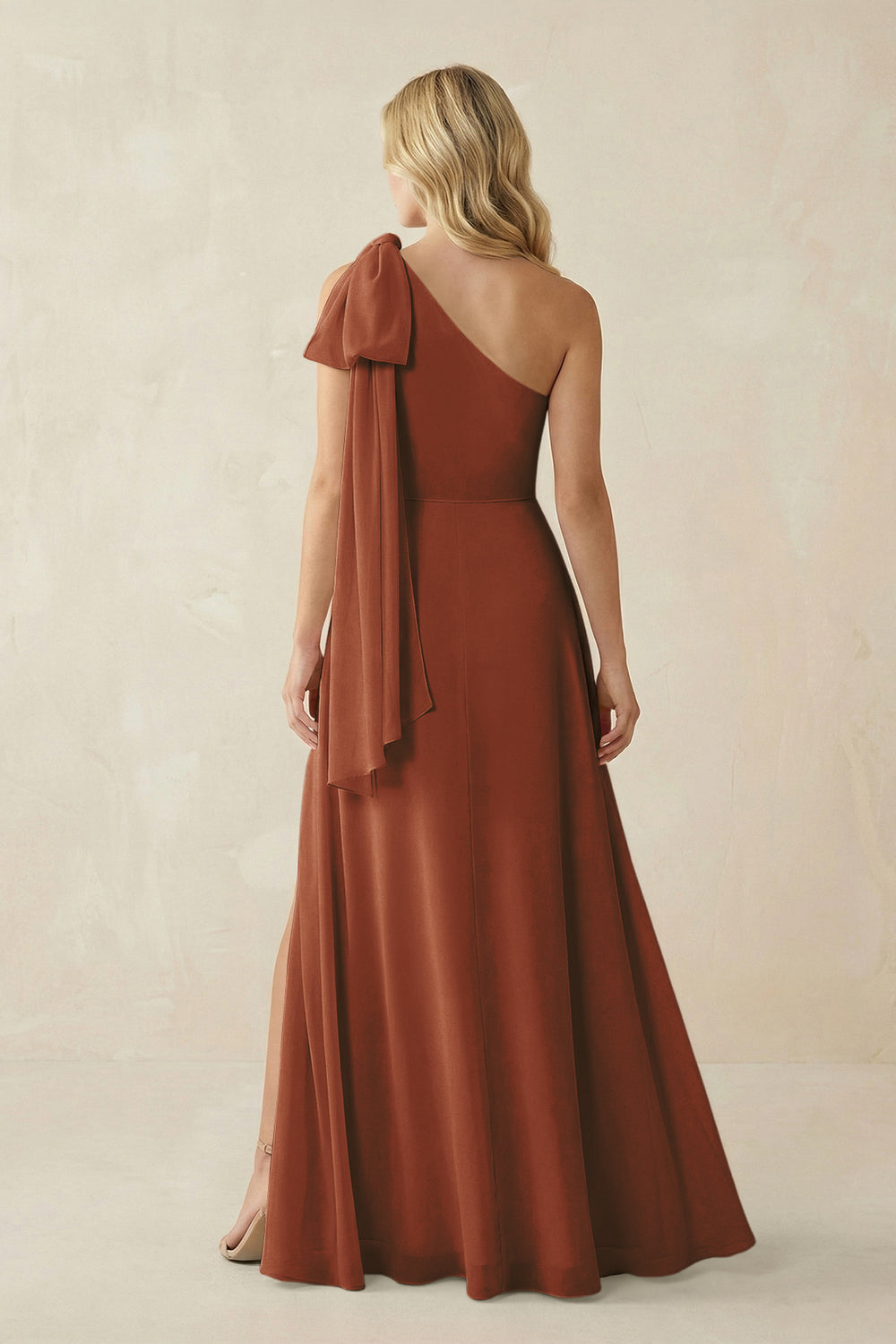 Ruffled One Shoulder Chiffon Bridesmaid Dress With Slit in Terracotta