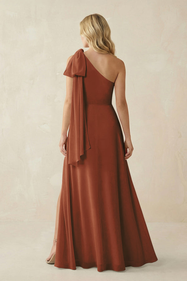 Terracotta Ruffled One Shoulder Chiffon Bridesmaid Dress With Slit in Terracotta (2) | KISSBRIDAL
