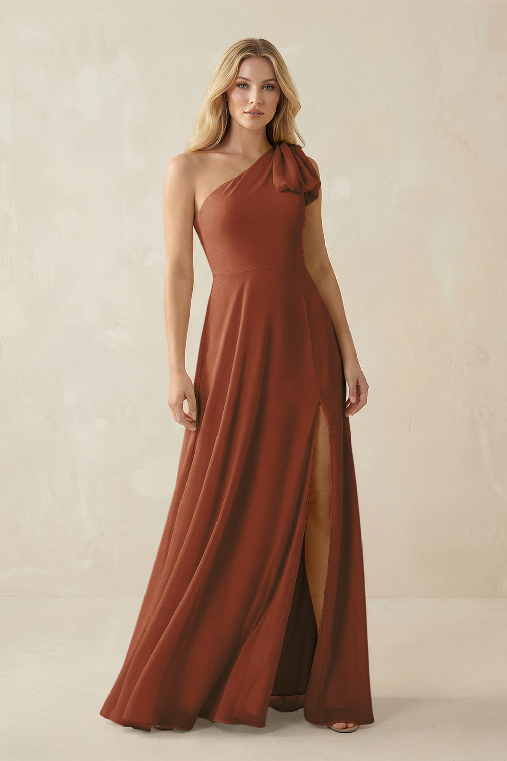 Ruffled One Shoulder Chiffon Bridesmaid Dress With Slit in Terracotta