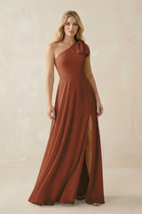 Terracotta Ruffled One Shoulder Chiffon Bridesmaid Dress With Slit in Terracotta | KISSBRIDAL