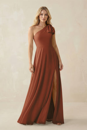 Terracotta Ruffled One Shoulder Chiffon Bridesmaid Dress With Slit in Terracotta | KISSBRIDAL