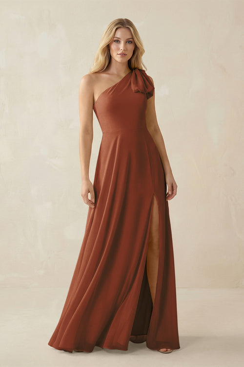 Terracotta Ruffled One Shoulder Chiffon Bridesmaid Dress With Slit in Terracotta | KISSBRIDAL