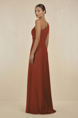 Terracotta Ruffled One-Shoulder Pleated Sheath Bridesmaid Dress (2) | KISSBRIDAL