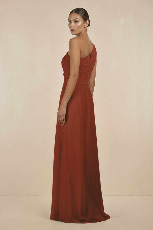 Terracotta Ruffled One-Shoulder Pleated Sheath Bridesmaid Dress (2) | KISSBRIDAL