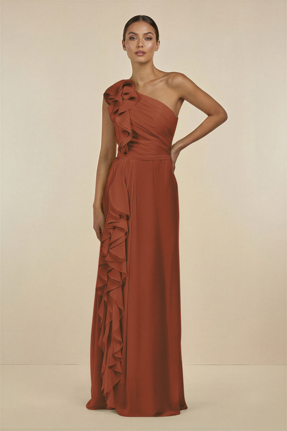 Ruffled One-Shoulder Pleated Sheath Bridesmaid Dress in Terracotta