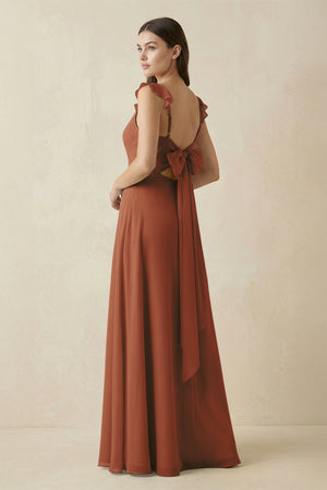Terracotta Ruffled Sleeve A-Line Chiffon Bridesmaid Dress (2) | KISSBRIDAL
