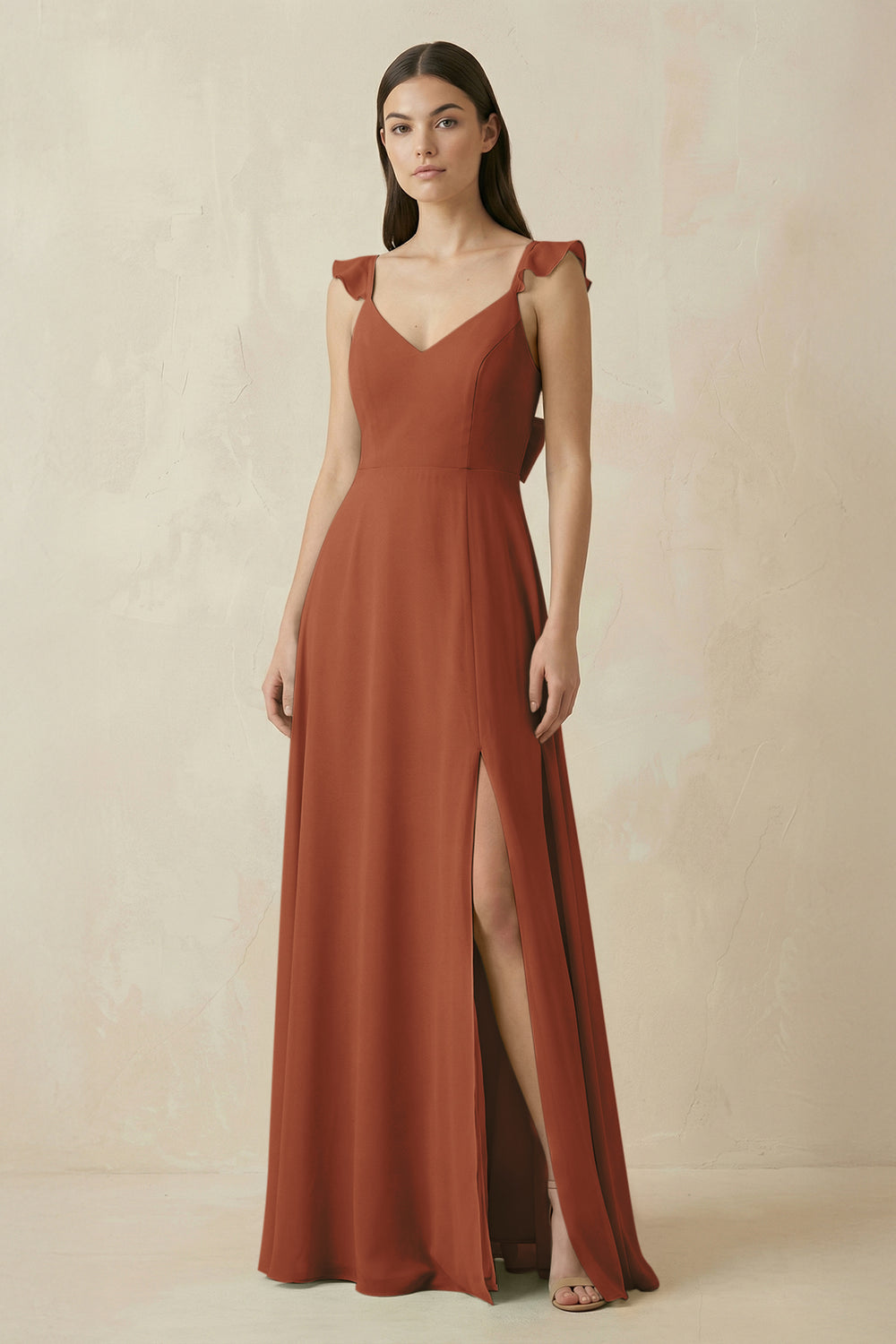 Ruffled Sleeve A-Line Chiffon Bridesmaid Dress in Terracotta