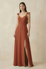 Terracotta Ruffled Sleeve A-Line Chiffon Bridesmaid Dress | KISSBRIDAL