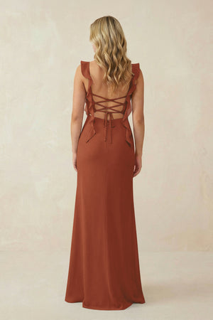 Terracotta Ruffled Sleeve Ruched Sheath Chiffon Bridesmaid Dress (2) | KISSBRIDAL