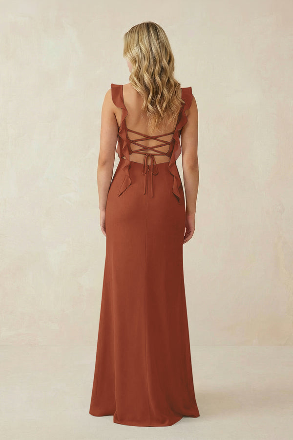 Terracotta Ruffled Sleeve Ruched Sheath Chiffon Bridesmaid Dress (2) | KISSBRIDAL