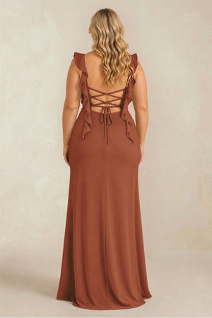 Terracotta Ruffled Sleeve Ruched Sheath Chiffon Bridesmaid Dress (2) [sizeplus] | KISSBRIDAL