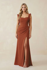 Terracotta Ruffled Sleeve Ruched Sheath Chiffon Bridesmaid Dress | KISSBRIDAL