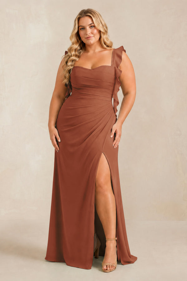 Terracotta Ruffled Sleeve Ruched Sheath Chiffon Bridesmaid Dress [sizeplus] | KISSBRIDAL