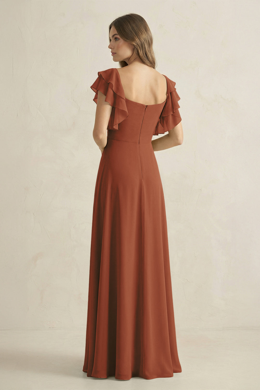 Ruffled Sleeves A-Line Chiffon Bridesmaid Dress in Terracotta