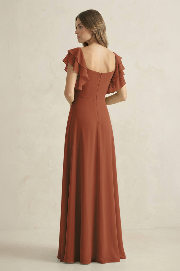 Terracotta Ruffled Sleeves A-Line Chiffon Bridesmaid Dress (2) | KISSBRIDAL