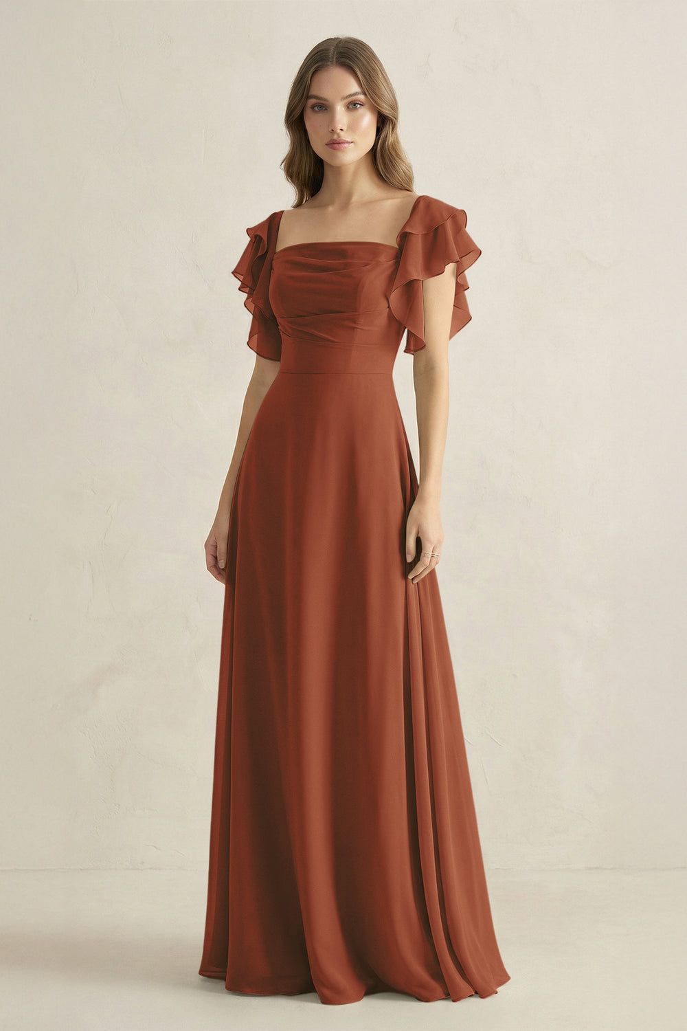 Ruffled Sleeves A-Line Chiffon Bridesmaid Dress in Terracotta