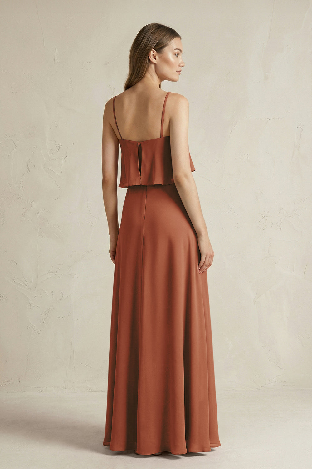 Ruffled Spaghetti Strap A-Line Chiffon Bridesmaid Dress in Terracotta