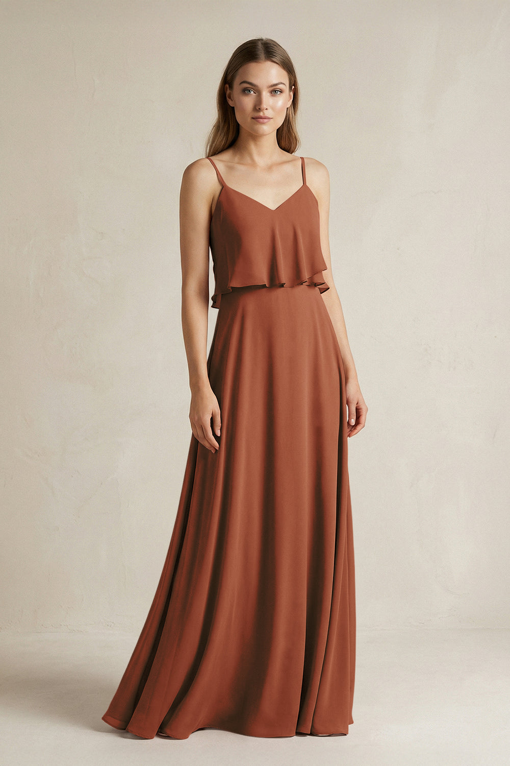 Ruffled Spaghetti Strap A-Line Chiffon Bridesmaid Dress in Terracotta