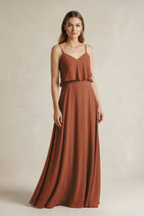 Terracotta Ruffled Spaghetti Strap A-Line Chiffon Bridesmaid Dress in Terracotta | KISSBRIDAL