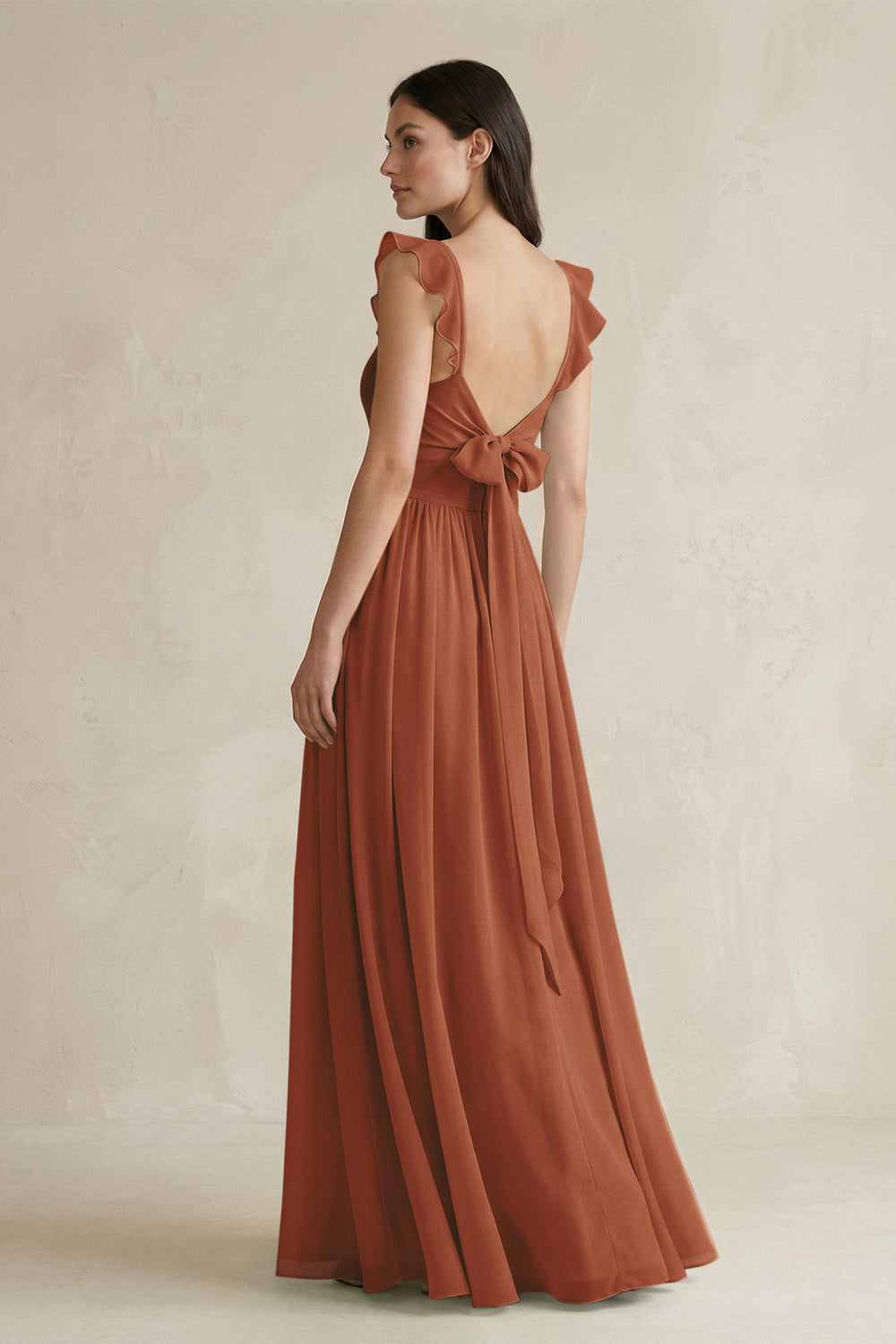 Ruffled Spaghetti Strap Chiffon A-Line Bridesmaid Dress in Terracotta