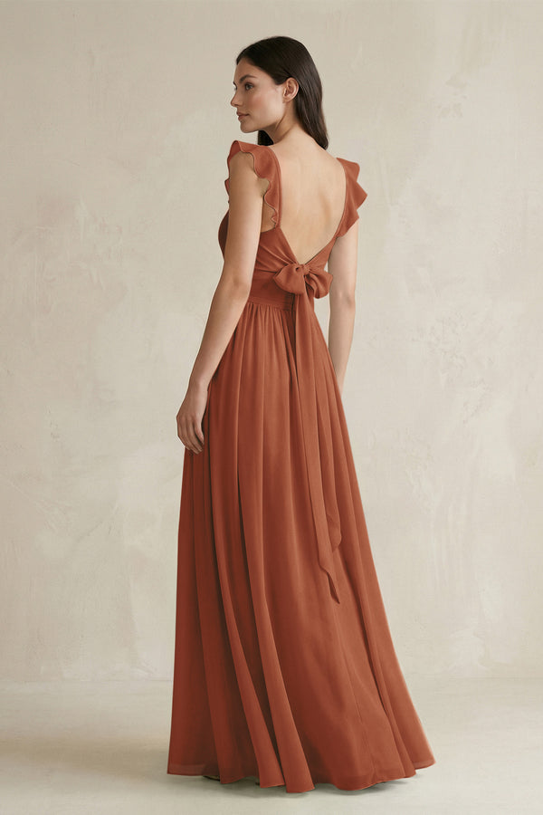 Terracotta Ruffled Spaghetti Strap Chiffon A-Line Bridesmaid Dress (2) | KISSBRIDAL
