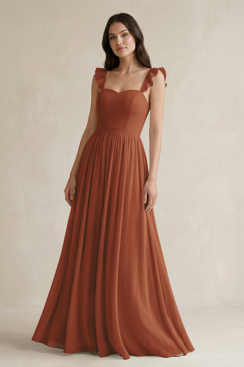 Ruffled Spaghetti Strap Chiffon A-Line Bridesmaid Dress in Terracotta