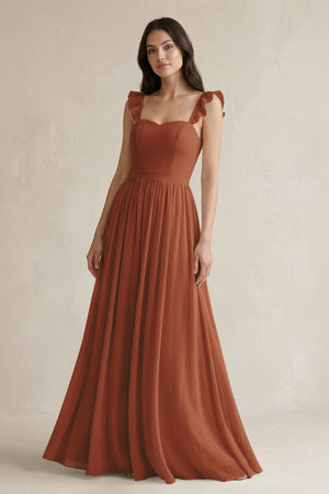 Terracotta Ruffled Spaghetti Strap Chiffon A-Line Bridesmaid Dress | KISSBRIDAL