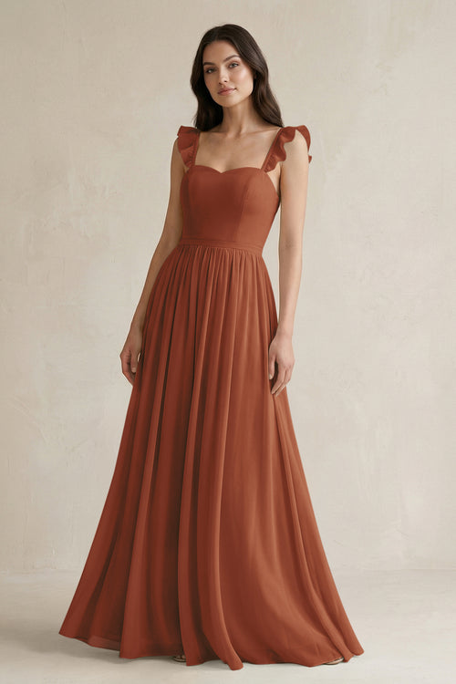 Terracotta Ruffled Spaghetti Strap Chiffon A-Line Bridesmaid Dress | KISSBRIDAL